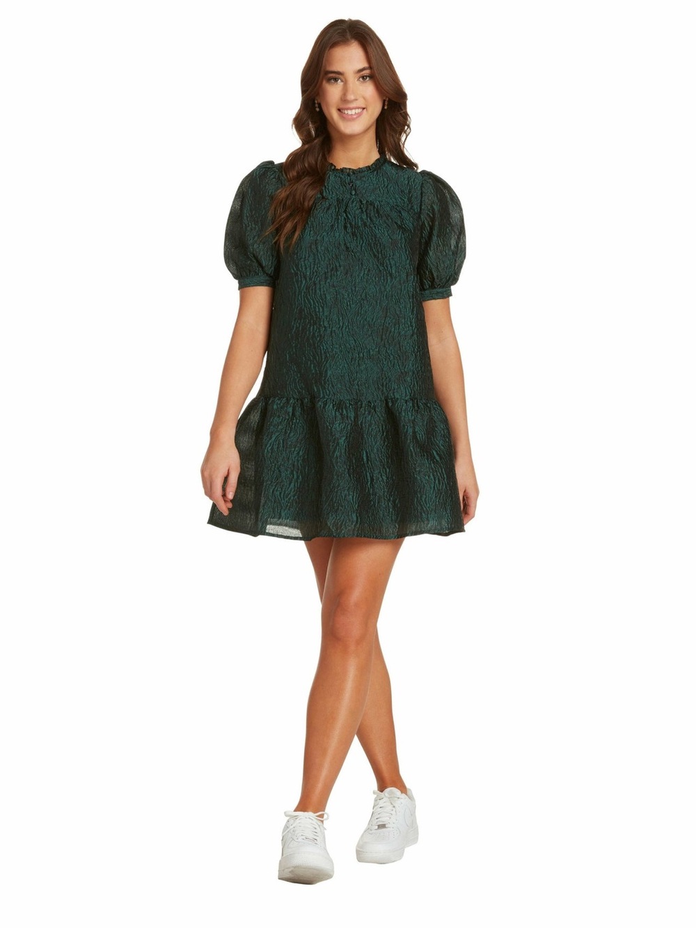 Moon River Emerald Textured Puff-Sleeve Mini Dress